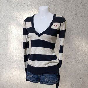 Blue & Grey Striped V-Neck Sweater